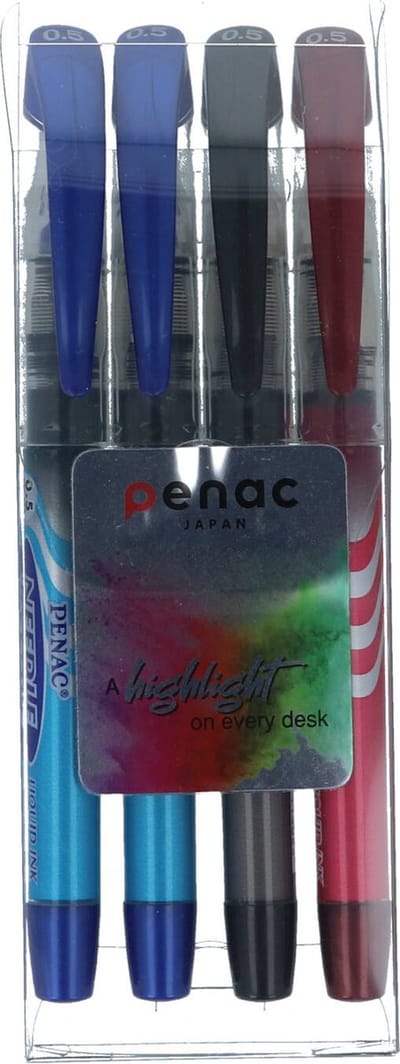 Penac Needle Fineliner - Rood - Zwart - Blauw - 0.5 mm - Vloeibare Ink - 4 Rollerbalpennen