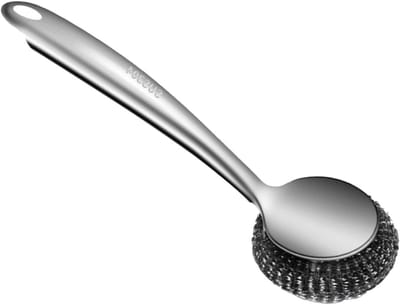 Roestvrijstalen schrobber - Schuurspons staalwol - Keuken schoonmaken - Ergonomisch handvat - Lange borstel - Zilver