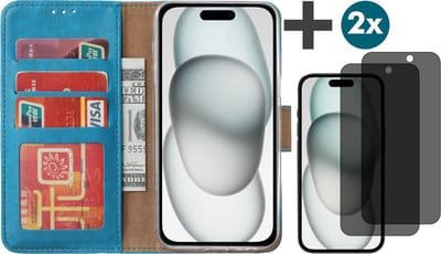 Hoesje met Privacy Screenprotectors 2 Stuks Geschikt voor iPhone 15 – Arara bookcase met pasjeshouder - Blauw