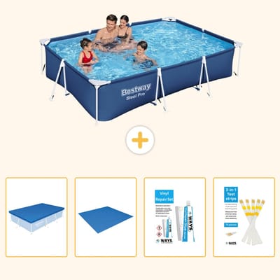 Bestway Rechthoekig Steel Pro Zwembad - 300 x 201 x 66 cm - Blauw - Inclusief Afdekzeil - Grondzeil - Reparatiesetje - Testrips - 5-delig