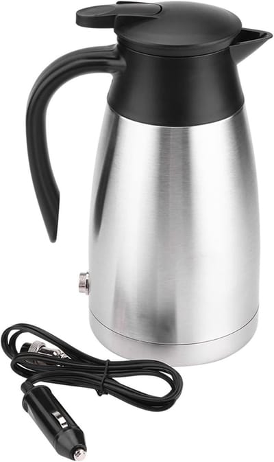 Elektrische Waterkoker - Draagbare Ketel - Reizen Onderweg - Dubbelwandig Geïsoleerd - 1000 Ml Capaciteit - Zilver Zwart