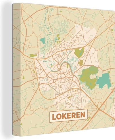 Canvas Schilderij Kaart - Vintage - Stadskaart - Plattegrond - Lokeren - 20x20 cm - Wanddecoratie