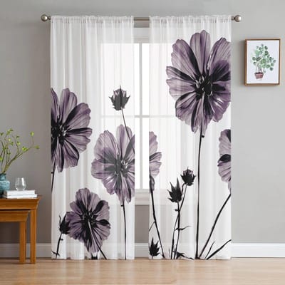 Paarse Artistieke Bloemen Tule Gordijnen Woonkamer Keuken Chiffon Gordijn Slaapkamer Balkon Transparant Gordijn Mode Huisdecoratie 135W x 114H(cm) white