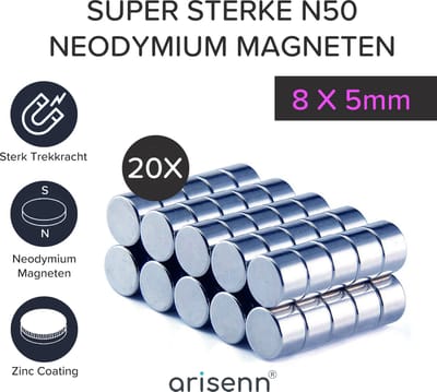 20 stuks Arisenn® N50 Neodymium Magnet 8x5mm - met 1.2kg houdkracht