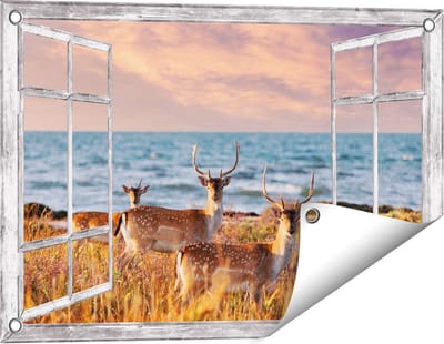 Gards Tuinposter Doorkijk Drie Herten aan de Zee tijdens Zonsondergang - 60x40 cm - Tuindoek - Tuindecoratie - Wanddecoratie buiten - Tuinschilderij