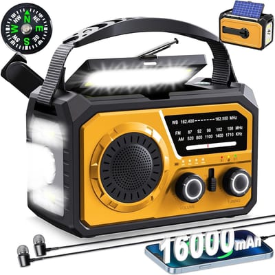 16000mAh Hand Crank Noodweerzender met Draadloze Speaker, IPX4 Hoge Kwaliteit, NOAA AM/FM Zonne-energie Draagbare Radio met Zaklamp, Mobiele Telefoon Oplader, SOS Alarm, Kompas & Leeslamp voor Kamperen, Survival Gear