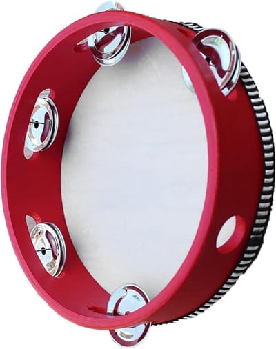 Houten Tamboerijn - Handbel Trommel - Muziek Maken - Stevig Bevestigde Jingles - 7 Inch - Rood