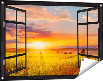 Gards Tuinposter Doorkijk Zonsopgang op het Maïsveld - 90x60 cm - Tuindoek - Tuindecoratie - Wanddecoratie buiten - Tuinschilderij