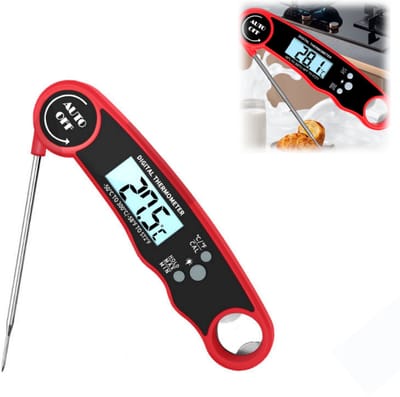 Voedselthermometer - Vleesthermometer - Keukenthermometer - RVS - Waterdicht - Opvouwbaar - Snelle en nauwkeurige thermometer - voor keuken, barbecue en bakken - Meet 50–300 °C - Rood