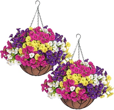 2 Set Woondecoratie Zijden Bloemen Opknoping Mand, DIY Ketting Multicolore Kunstmatige Ochtend Glorie Opknoping Bloemen in Mand voor Thuis Tuin Veranda Indoor Outdoor Decor
