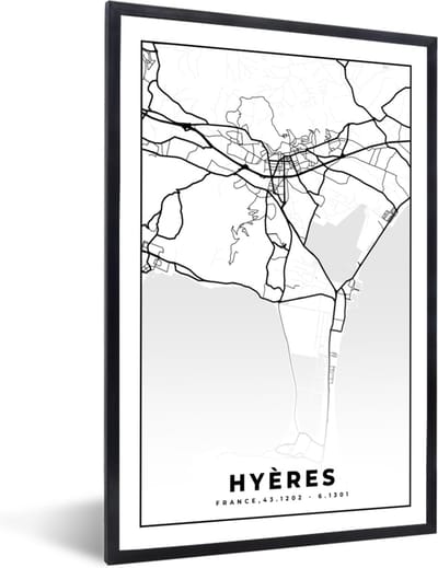 Fotolijst incl. Poster Zwart Wit- Frankrijk - Plattegrond - Hyères - Stadskaart - Kaart - Zwart wit - 40x60 cm - Posterlijst