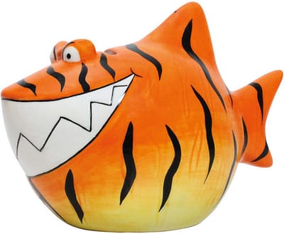 G. Wurm Spaarpot - oranje Tijgerhaai - 13 cm - aardewerk - Haaien dieren cadeau spaarpotten - Geld sparen - Leren omgaan met geld