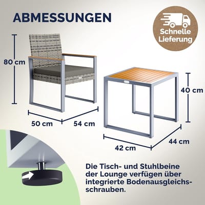 Balkon Lounge Set 2 Personen 80x54x50 cm – Weerbestendig Polyrotan Tuinmeubelen met Acaciahouten Tafel en Comfortabele Stoelkussens – Verstelbaar & Modern Design – Laura