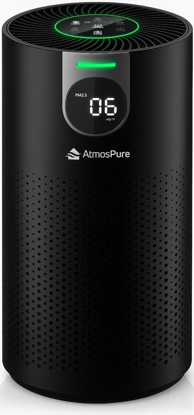 AtmosPure® CleanAir Luchtreiniger - Air Purifier met vervangbaar HEPA 13 + Koolstof filter - CADR 250 m³/h - Zwart - Voor 98 m² - Filtert pollen, huisstofmijtallergenen en fijnstof - 3 standen + stille slaapstand - Luchtkwaliteit Sensor