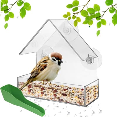 Duidelijke Venster Voederhuis voor Vogels met 3 Zuignappen, Inclusief Voederlepel, 15 x 15 x 7 cm, Geschikt voor Diverse Vogelsoorten, Duurzaam Acryl en PVC