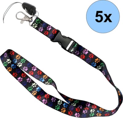 5 Keycords Gekleurde Pootjes Print - Keycord - Lanyard - Sleutelkoord - Badgehouder - 51cm - 20mm - Gekleurde Pootjes - 5 Stuks