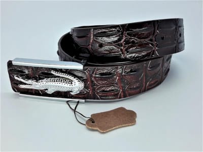 RR20-16c.115 Leren riem krokodil, bruinrood, krokodil buckle, L115cm, H38mm, D4mm