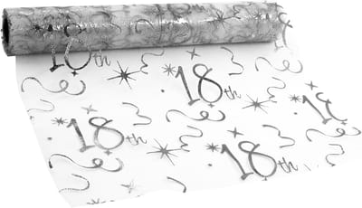 Tafelloper verjaardag 18. Zilveren tafelloper rol 28 cm x 10 m glanzende folie tafeldecoratie tafelband van decoratieve stof net tafelkleed Happy Birthday tafeldecoratie voor feest geschenken DIY