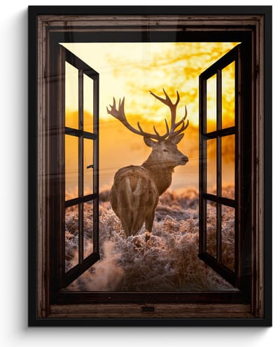 Poster in lijst - Fotolijst 50x70 cm - Posters - Hert - Herfst - Dieren - Natuur - Bos - Doorkijk - Posterlijst zwart - Decoratie - Wanddecoratie woonkamer - Muurdecoratie slaapkamer
