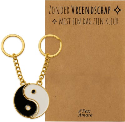 BFF Sleutelhanger voor 2 'Zonder Vriendschap mist een dag zijn kleur' - Magnetische Yin Yang - Sleutelhanger set op Cadeau Kaartje - Goudkleurig - Vriendschap Symbool - Pax Amare