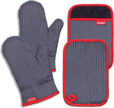 Ovenhandschoenen, hittebestendige pannenhandschoenen en pannenlap, siliconen anti-slip design, geschikt voor koken, bakken, grillen, grijs