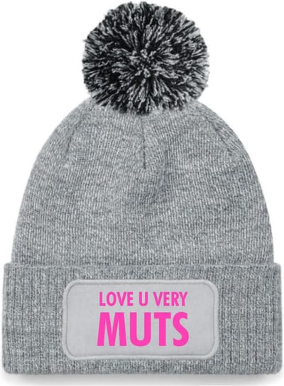 Love u very muts wintermuts grijs pompoen | fluor roze - soBAD. | Wintersport | Après ski verkleedkleren | Unisex | Heren en Dames Beanie