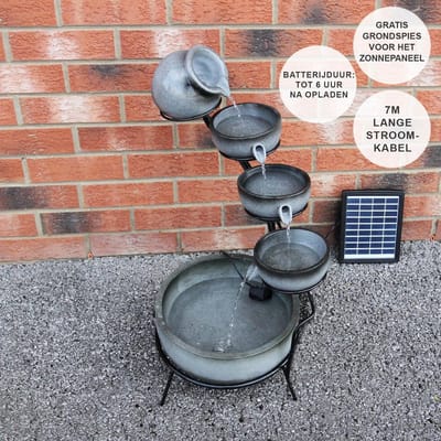 Tuinfontein - Zonne-energie - Grijs - 4 etages - 2.8 W/8 V - GRATIS grondpin solarpaneel