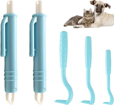 Famanu - Tekenverwijderaar - 3 Stuks Tekenhaken en 2 Stuks Tekenpincet Set, Pijnloos Verwijderaar voor Honden Katten en Mensen Huisdieren (Blauw)
