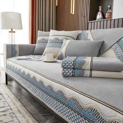 Golven Rand Bankovertrek Vier Seizoenen Universeel Chenille Bankkussen Gestreept Bankmat voor Woonkamer Antislip L-Vormig Bankkussen 70x70cm 1pcs