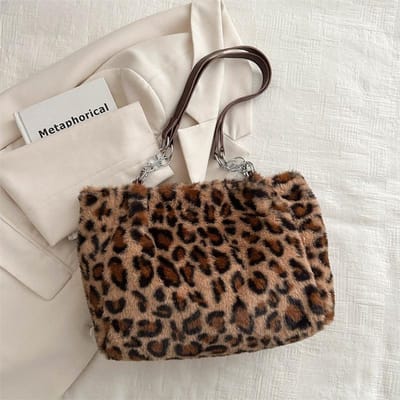 Modieuze Luipaardprint Pluche Tote Bag voor Dames Eenvoudige Warme Zachte Handtas voor Dagelijkse Boodschappen en Werk bruin