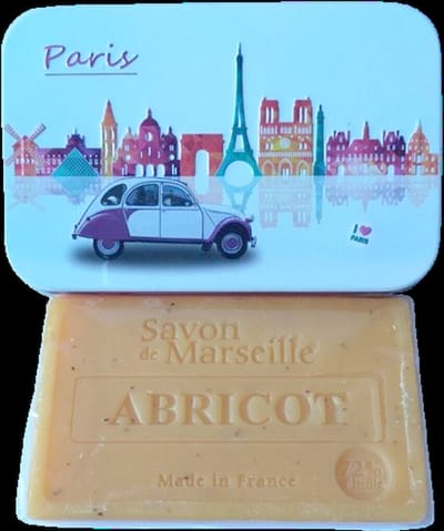 Metalen zeepblik met opdruk Paris met Marseillezeep Abrikoos 100 gram