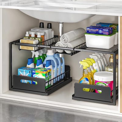 Famanu – Onderkast organizer voor keuken of badkamer, uittrekbaar rek met 2 niveaus, staal, zwart