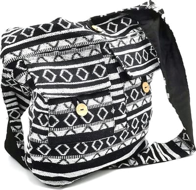 Hobotas Geweven Stof met Etnisch Patroon Zwart/wit - afsluitbaar met rits - (bxhxd) ca 30cm x 33cm x 10cm