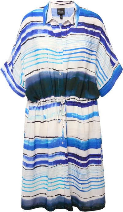Ulla Popken - Dames - Midi-jurk strepen oversized overhemdkraag halve mouwen - Marine - Maat 46+