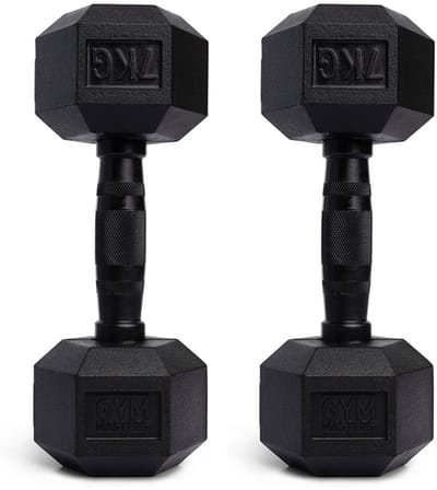 Gym Masters hexa Dumbbells 7 kg Set (2 stuks) – Hexagon Dumbbells – Rubber Fitness Gewichten – Zwart