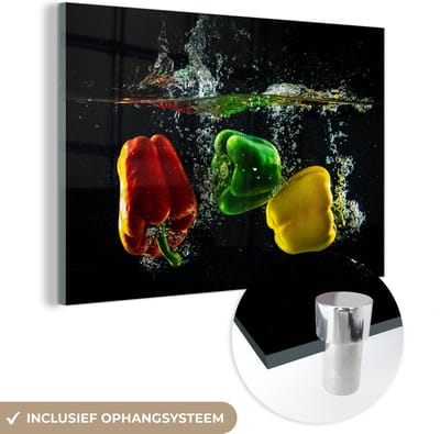 MuchoWow® Glasschilderij 150x100 cm - Schilderij acrylglas - Paprika - Groente - Water - Zwart - Rood - Groen - Geel - Foto op glas - Schilderijen