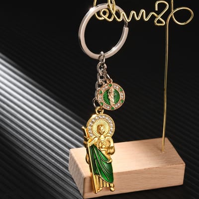 1 st Groen Emaille St. Jude Sleutelhanger met Strass Steentjes, Vintage Stijl Zinklegering Heren Sleutelhanger, Mode Accessoire voor Tassen, Cadeau voor Vrienden en Familie gray
