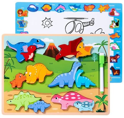 Houten Educatieve Dinosaurus Puzzel Bord 2-in-1 - Met Tekenbord en Uitwisbare Stift - 12 Delen - Puzzel en Teken Bord - 2 in 1 - Whiteboard