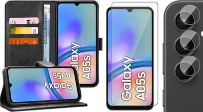 Hoesje geschikt voor Samsung Galaxy A05s - Screenprotector Glas & Camera - Portemonnee Book Case Zwart