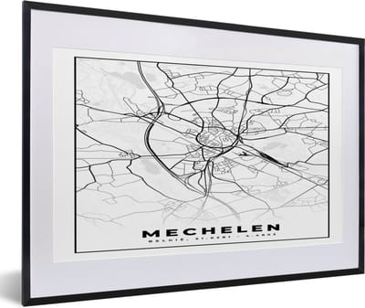 Fotolijst incl. Poster Zwart Wit- België – Mechelen – Stadskaart – Kaart – Zwart Wit – Plattegrond - 60x40 cm - Posterlijst