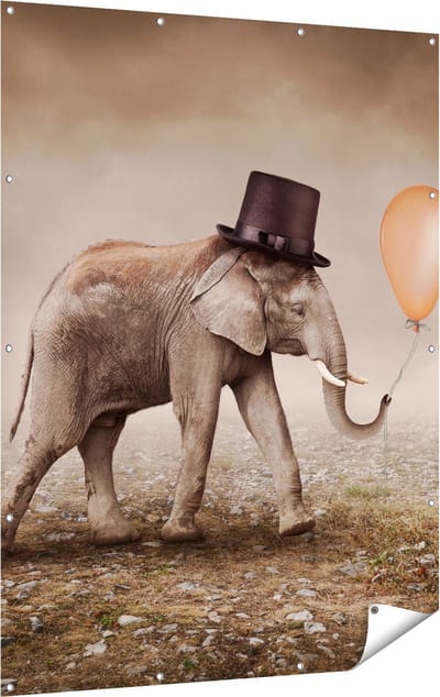 Gards Tuinposter Olifant met een Oranje Ballon - Hoedje - 120x160 cm - Tuindoek - Tuindecoratie - Wanddecoratie buiten - Tuinschilderij