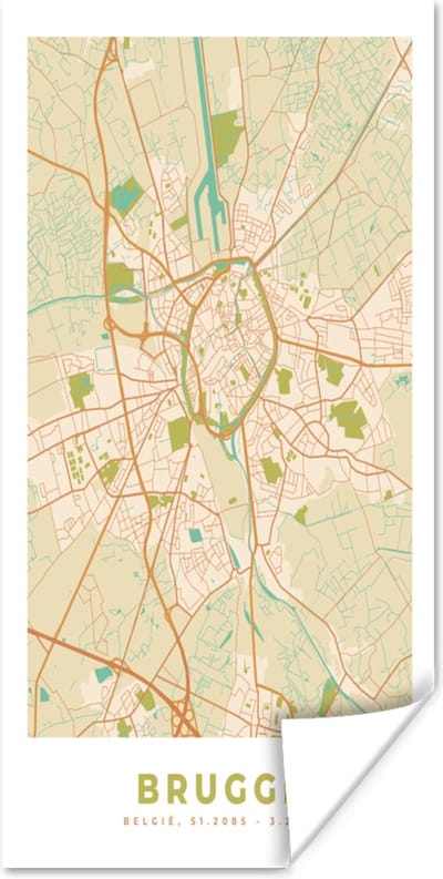 Poster Brugge - Stadskaart - Plattegrond - Kaart - Brugge - 80x160 cm
