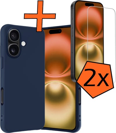 Hoes - Met 2x Screenprotector - Geschikt voor Apple iPhone 16 - Sterk & Shockproof - Back Cover - Siliconen Case - Telefoon Hoes - Donkerblauw