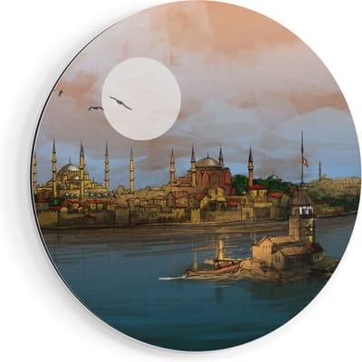 Artaza Dibond Muurcirkel Illustratie Van De Maiden's Tower In Istanbul - Ø 90 cm - Groot - Wandcirkel - Rond Schilderij - Voor Binnen en Buiten