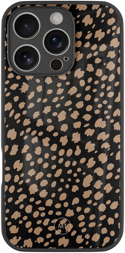 Hoesje geschikt voor iPhone 16 Pro - Savannah spots - Luxe Hard Case - Gestipt - Zwart, Bruin - Mooie Telefoonhoesjes