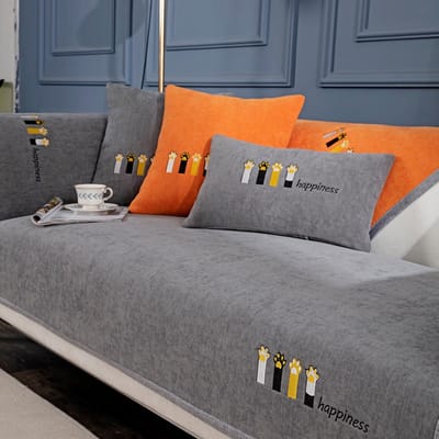 Kat Poot Leuke Cartoon Borduren Bankhoes Zachte Chenille Bank Handdoek Vier Seizoen Universele Kussenovertrekken Antislip Bankhoezen 70*120cm grijs