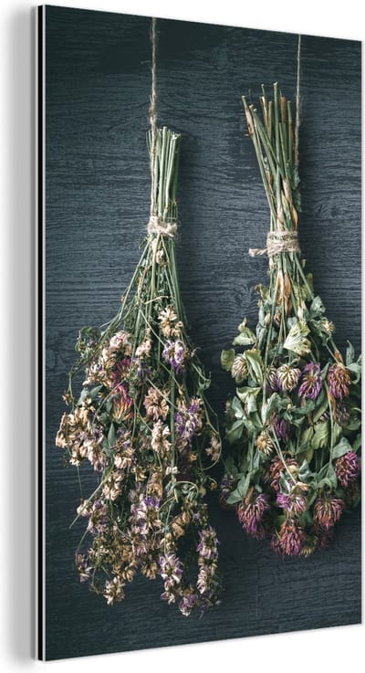 Aluminium schilderij 120x180 cm - Wanddecoratie metaal - Droogbloemen - Bloemen - Boeket - Stilleven - Touw - Bundel - Metalen muurdecoratie woonkamer - Decoratie industrieel - Foto op dibond - Industriële accessoires slaapkamer