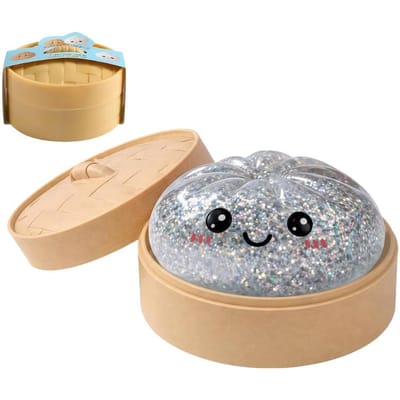 Boule Anti-Stress Dumpling Pailletée avec Boîte Dumplings Jouet Sensoriel à Presser Décompression Montée Lente Anti-Stress Cadeau Sensoriel argenté