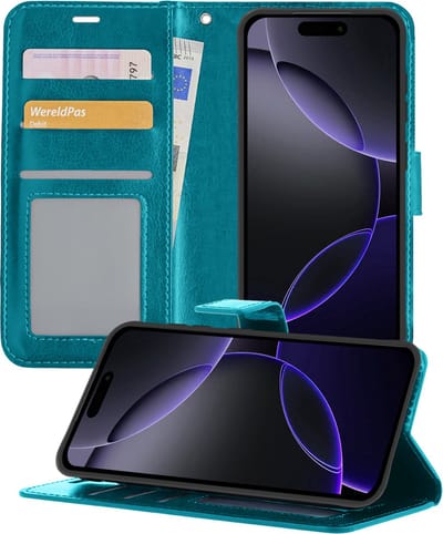 Hoesje - Geschikt voor Apple iPhone 16 Pro - Luxe Bookcase - Walletcase Hoes - Portemonnee - Cover - Telefoonhoes - Turquoise