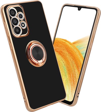 Cadorabo Hoesje geschikt voor Samsung Galaxy A33 5G in Glossy Zwart - Goud met ring - Beschermhoes van flexibel TPU-silicone Case Cover met camerabescherming en magnetische autohouder